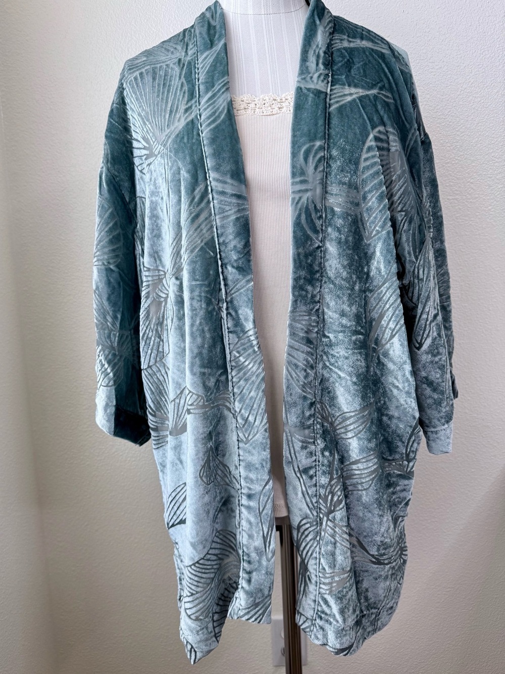 A New Day Velvet Burnout Kimono Open Cardigan Palm Leaf Muted Teal Gray OSFM